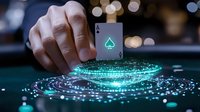 Male hand holding ace of spades card over poker table with glowing neon turquoise light effects creating magical circular pattern on green felt surface.
