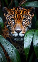 Close-up of jaguar with intense gaze peering through wet tropical foliage. Dramatic wildlife portrait showcasing spotted coat pattern and piercing eyes.