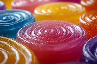 Colorful spiral candy lollipops with glossy surface creating vibrant rainbow pattern. Sweet confectionery treats for celebrations and dessert concepts.