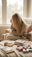 Young blonde woman in cozy sweater sitting on sofa reading book in bright living room with wooden toys and books scattered on coffee table.