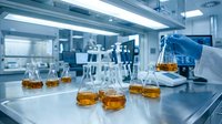 Scientist in laboratory pouring amber liquid into glass flask during chemical experiment, research and development in modern scientific facility.