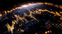 Abstract digital cityscape with golden glowing lights and bokeh effects creating futuristic urban landscape for technology and business concepts.