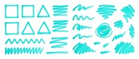 Turquoise geometric shapes and brush stroke elements isolated on white background, ready for graphic design, web design, and creative projects.