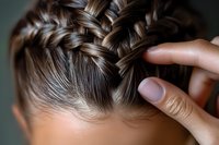 Close-up view of intricate French braid hairstyle being styled, showing detailed texture of woven brown hair strands and stylist fingers at work.
