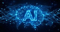 Glowing blue AI letters with digital brain network connections and data streams on dark technology background for artificial intelligence concepts.
