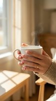Woman hands holding steaming hot coffee mug in cozy morning sunlight by window. Warm beverage comfort lifestyle moment with golden light and relaxation.
