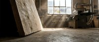 Rustic woodworking workshop interior with natural sunlight streaming through window, wooden planks and vintage tools creating authentic craftsman atmosphere.