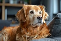 Senior golden retriever dog with soulful eyes and flowing copper coat resting on grey couch, looking thoughtfully into distance. Natural window lighting creates depth.