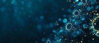 Microscopic view of glowing virus cells with DNA strands floating in dark blue background, scientific molecular structure visualization for medical research.