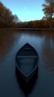Wooden boat floating on calm lake at dusk with crescent moon in sky, autumn trees and wooden pier in background, creating mystical atmosphere.