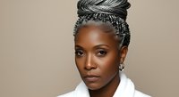 African American woman with braided updo hairstyle adorned with silver beads, wearing white shirt against neutral background. Portrait for beauty, fashion, and lifestyle content.