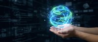 Businessman hand holding glowing digital globe with network connections, representing global technology, internet connectivity, and worldwide business communication solutions.