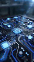 Futuristic circuit board with glowing blue microchips and electronic components for technology and innovation concepts in computing and artificial intelligence.