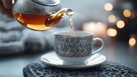 Hot tea pouring from glass teapot into ornate porcelain cup with geometric pattern on dark background with soft bokeh lights and cozy atmosphere.