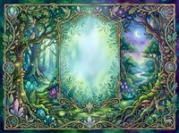 Enchanted forest frame with ornate Celtic border, glowing central portal, mystical woodland scenery, magical nature illustration for fantasy book covers, game design, and decorative artwork.
