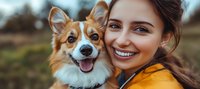 Young Caucasian woman with bright smile holding happy Welsh Corgi dog outdoors in autumn field, showcasing pet companionship and joy.