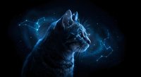 Mystical tabby cat profile with glowing constellation patterns and connected stars creating magical cosmic atmosphere on dark background.