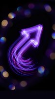 Glowing purple neon arrow with light trails and bokeh effects on dark background for digital design and technology concepts.