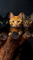Three curious cats with bright yellow eyes - black, ginger, and tabby - peering over wooden logs against dark background, creating dramatic pet portrait.