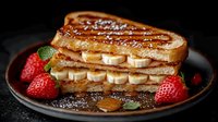 Grilled sandwich with peanut butter, banana slices, and honey on rustic plate garnished with fresh strawberries and mint leaves against dark background.