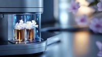 Laboratory test tubes with amber liquid in modern automated analysis machine with soft purple floral elements in background creating scientific atmosphere.