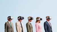 Business professionals wearing virtual reality headsets standing in a row against light blue background, representing digital transformation in corporate environment.