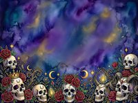 Skulls and roses border with mystical watercolor galaxy background in purple, blue, and gold tones, featuring crescent moons and stars for gothic, Halloween, or dark fantasy design projects.