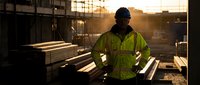 Construction worker in high visibility safety vest standing at building site during golden hour sunset with scaffolding and materials in background.