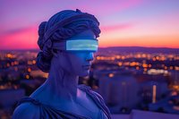 Ancient marble statue wearing futuristic glowing visor against dramatic sunset cityscape with purple and pink sky, blending classical art with cyberpunk aesthetics.