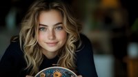 Young woman with blonde wavy hair smiling while holding embroidery hoop with floral pattern, wearing black sweater against blurred background in soft natural lighting.