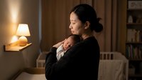 Young Asian mother tenderly holding sleeping newborn baby in cozy home nursery with warm lamp lighting creating peaceful bonding moment for family lifestyle content.