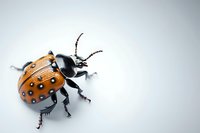 Orange spotted beetle on white background with dramatic lighting and shadow detail, macro photography showing intricate texture of insect carapace and antennae.
