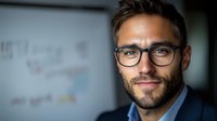 Young Caucasian businessman with glasses and beard smiling confidently in office setting with blurred whiteboard background, professional corporate portrait.