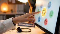 Young professional with medium skin tone pointing at colorful emoji faces on digital screen, representing customer satisfaction, feedback and success metrics for business evaluation and service quality assessment.