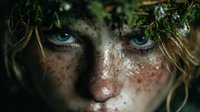 Fantasy forest nymph with freckles and blue eyes surrounded by moss and leaves for mystical storytelling and nature-themed creative projects.