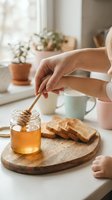 Woman's hand stirring honey in glass jar with wooden spoon, fresh toast on wooden board, potted plants and mugs on bright kitchen windowsill for breakfast and lifestyle content.