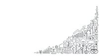 Business growth and success elements forming decorative corner border with charts, gears, lightbulbs and financial symbols on white background.