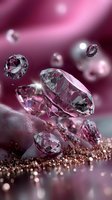 Sparkling diamonds floating over pink glittery surface with bokeh background, luxury jewelry concept for fashion and glamour designs.