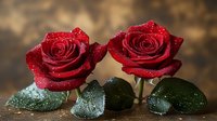 Two fresh red roses with water droplets on petals and green leaves against warm bokeh background for romantic occasions and floral arrangements.
