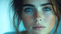 Close up portrait of young Caucasian woman with bright blue eyes, freckles and natural makeup against turquoise background. Artistic beauty photography with soft lighting.