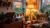 Cozy living room interior with houseplants, warm lighting, vintage furniture and comfortable armchair creating peaceful home atmosphere.