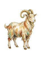 Decorative goat with curved horns and ornamental patterns in warm earth tones, isolated on white background for design, clipart, and textile applications.