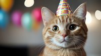 Ginger tabby cat wearing colorful party hat with festive bokeh lights and balloons in background, perfect for celebration themes and pet party concepts.