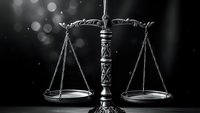 Ornate bronze scales of justice with decorative engravings on dark background with bokeh lights for legal and law firm presentations.