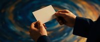 Professional hands holding blank business card against swirling cosmic background with warm orange and blue tones for corporate branding mockup design.