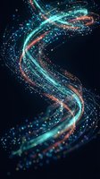 Glowing digital DNA helix with flowing turquoise and orange light trails on dark background, representing genetic science, biotechnology, and molecular research for medical and scientific applications.