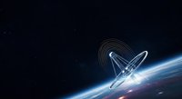 Futuristic spacecraft with glowing neon trails orbiting above planet surface against dark space background. Suitable for sci-fi, technology, and space exploration concepts.