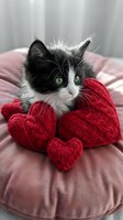 Adorable black and white kitten with green eyes wrapped in red knitted scarf on pink blanket. Cozy winter pet portrait for holiday greeting cards.