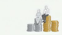 Senior couple sitting on stacks of golden coins representing retirement savings and financial planning for elderly people on neutral background.