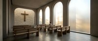 Modern minimalist chapel interior with wooden pews, stone cross, and arched windows allowing natural light for worship, meditation, and spiritual gatherings.